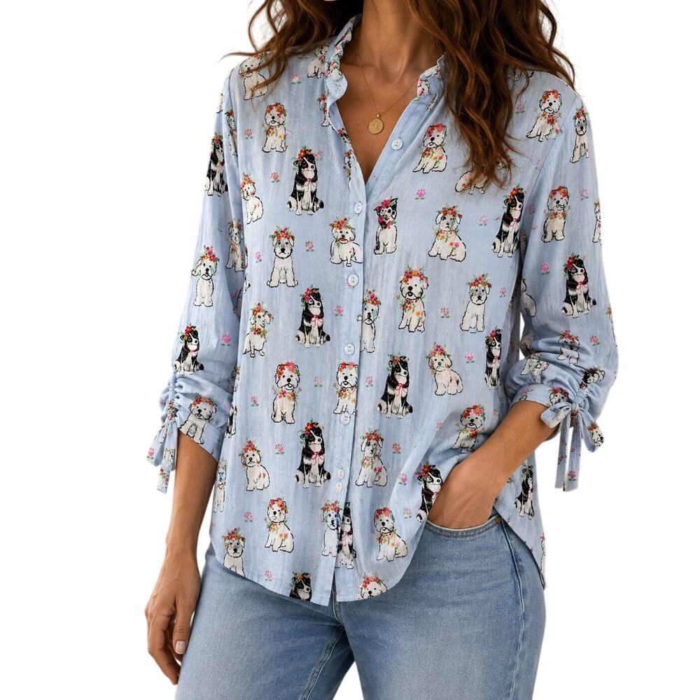 JOHN MARK Sz Large Blue Floral Dogs Pets Wearable Art Blouse Shirt Top *Flawed*